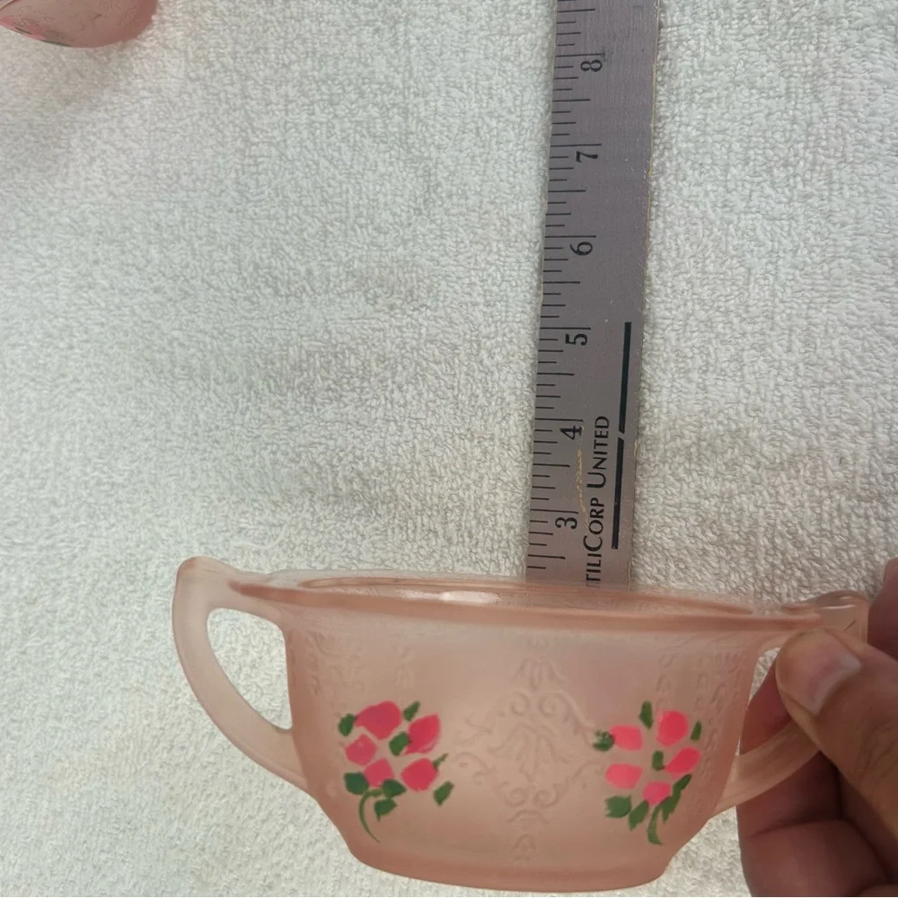 VTG Embossed Hand Painted Flower Pink Satin Glass Creamer Sugar Set of 2